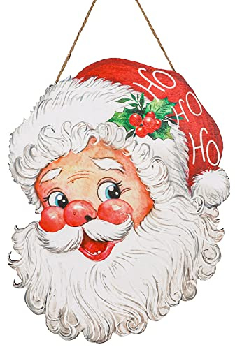 Whaline Panneau de Noël en bois à suspendre avec motif Père Noël de 38,1 cm - Décoration de porte d'entrée pour maison, intérieur, extérieur, ferme, mur, fenêtre
