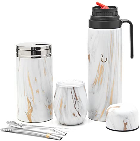 balibetov Complete Yerba Mate Set - Modern Mate Gourd, Vacuum Flask, Yerba Container, Bombilla and Cleaning Brush Included - All Premium Quality 304 18/8 Stainless Steel (Gold Marble)