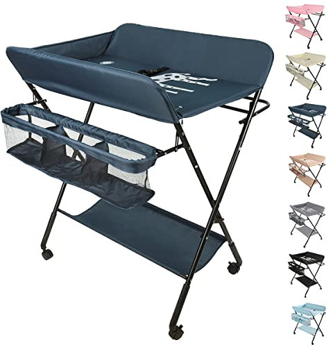 Table a Langer Pliante, Table à Langer Réglable en Hauteur avec Panier de Rangement, Ceinture de Sécurité et 4 Roues avec Frein (Bleu foncé)