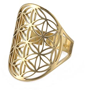 kkjoy Edelstahl Durchbrochener Ring mit Blume des Lebens verstellbar offener Fingerring Versprechenring Schmuck Geschenk für Frauen
