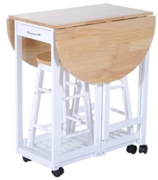 Kitchen Dining Table and Chairs Small Folding Set Drop Leaf Breakfast 3pc Wooden Space Saving Wheels 2 Stools Cafe Compact Bar Pub Furniture