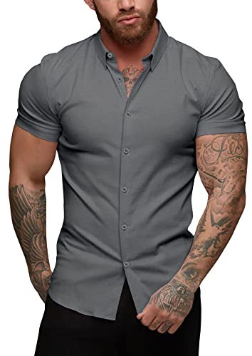 URRU Men's Muscle Dress Shirts Slim Fit Stretch Short Sleeve Casual Button Down Shirts for Men Dark Grey XXL