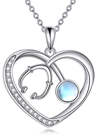 DAYLINLOVE Stethoskop Kette 925 Sterling Silber Krankenschwester Mondstein Schmuck Halskette Medical Student Krankenschwester Geschenke für Damen