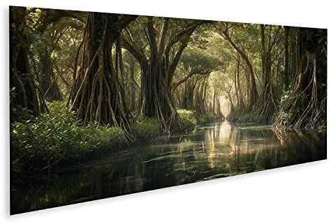 islandburner Bild auf Leinwand Mangrovenwald Sommerpanorama Fluss Wilder Dschungel Landschaft Urwald Bilder Wandbilder Poster IYGE-Pano