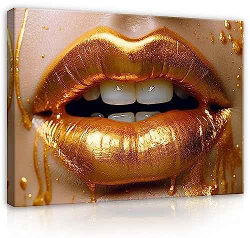 WallArena Leinwand Bilder - Frau Lippen Gold Abstrakt - 120x80 cm | Leinwandbilder, Bild auf leinwand, Wandbild XXL groß Wandbilder für Wohnzimmer Schlafzimmer Wohnzimmerbilder