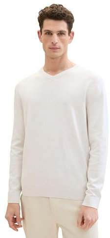 TOM TAILOR Herren Basic Pullover mit V-Ausschnitt aus Baumwolle, 13174 - Soft Vanilla Melange, XXXL