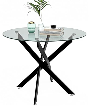 NIERN Runder Esstisch für 2-4, 80 cm, gehärtetes Glas, kleiner runder Küchentisch mit Metallbeinen, moderner Esszimmertisch für Küche, Esszimmer (Schwarz)