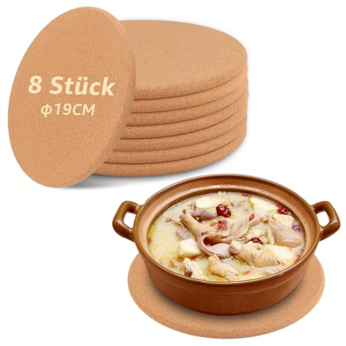 CYEER Lot de 8 Dessous de Plat Rond en liège, Ø 19 x 1 cm, Dessous de Plat Rond pour casseroles, poêles, Cuisine et ménage, résistant à la Chaleur