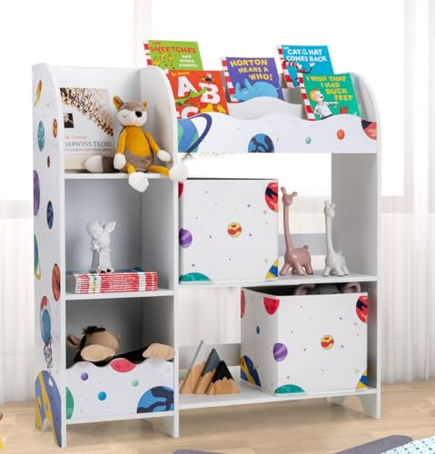 DREAMADE Kinderzimmerregal aus Holz, Spielzeug-Organizer mit 5 Ablagefächern und 2 abnehmbaren Stoffboxen, Bücherregal für Kinder (Astronaut-Muster)