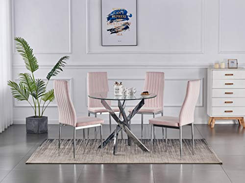 Furnizone UK Modern 100cm Round Clear Glass and 4 Stylish Monza Velvet Chairs Dining Set (Pink)