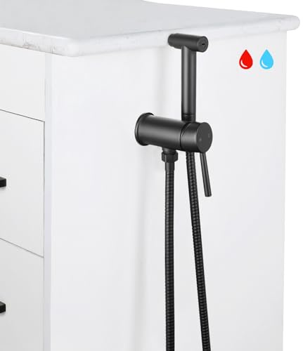 KWOCI Matte Black Handheld Bidet Sprayer for Toilet Warm Water Mounted on the Bathroom Vanity，Stainless Steel Hot and Cold Bidet Sprayer with Brass Mixing Valve for Feminine Hygiene