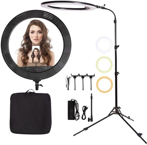 GSKAIWEN Großer Ringlicht, 25 Zoll, 75 W, mit einziehbarer Halterung, flexibel, tragbar, LED-Licht, zweifarbig, für Make-up, Selfie, Youtube, Augenbrauen, Tattoo, Wimpernverlängerung