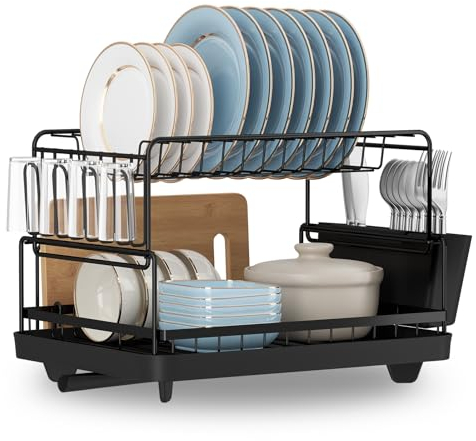 Dripex Égouttoir à vaisselle noir à 2 niveaux en métal avec porte-ustensiles, porte-gobelets, égouttoir à vaisselle pour cuisine