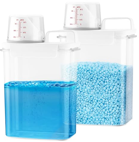 Forhandy Lot de 2 boîtes de rangement pour lessive - 1800 ml - Avec verre doseur - Boîte à lessive pour poudre, détergent - Boîtes pour poudre à lessive - Pour poudre à lessive, parfum de linge
