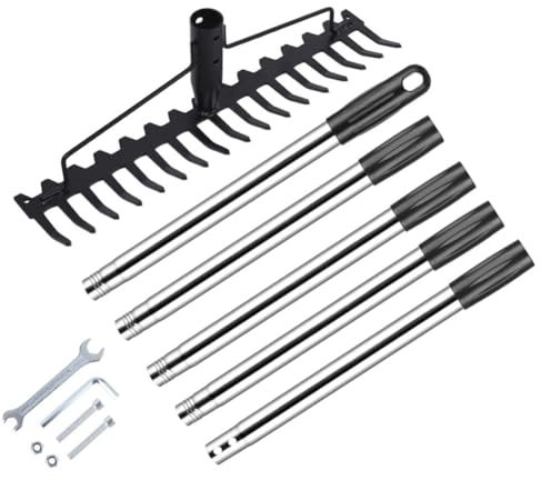 Clyictz Râteau à 17 dents en acier avec manche en acier inoxydable pour ramasser les feuilles et niveler votre pelouse, installation facile