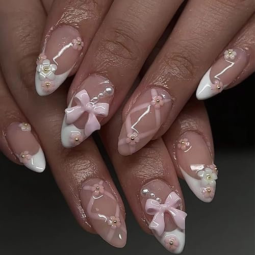 Ceboic 24Pcs Almond Press on Nails Medium, Glossy Nude Pink French White Tip False Nails with Flower Bow Design, Reusable Fake Nails Full Cover Acrylic French Manicure Kit for Women Girls