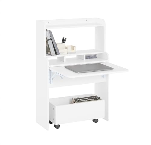 SoBuy Scrivania pieghevole Tavolo per computer con ripiani con Scatola Portaoggetti con Ruote Bianco 64x25x98 cm FWT105-W