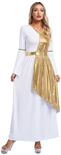 Sxiwei Griechische Göttin Cosplay-Kostüm für Damen Langarm Olympia Langes Edles Kleid Halloween Weihnachtsengel Cosplay Uniformen Gold L
