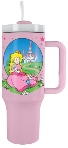 Pyramid International Super Mario (Peach) Becher mit Strohhalm und Deckel, fortschrittliche doppelwandige Vakuumisolierung, hält kalte Getränketemperatur bis zu 11 Stunden, heiß bis zu 7 Stunden,