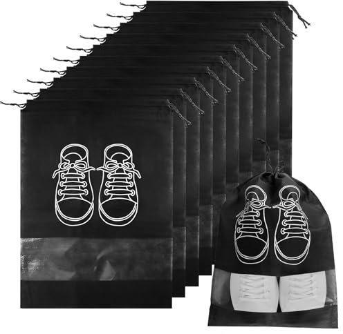 10 Stück Große Schuhbeutel Reise, Schwarz Staubdicht Schuhtasche, wasserdichte Schuhtasche Reise mit Transparentem Fenster, Tragbare Schuhbeutel, für Reisegebrauch, Sport, Camping