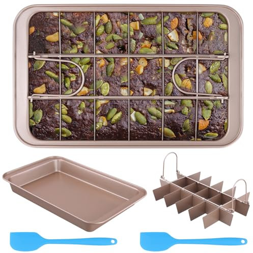 MOUYAT 2 PCS 12 x 8 Inch Brownie Tin with Dividers, 18-Lattice Brownie Traybake Tin with Non-Stick Coating, Carbon Steel Baking Pan for Ovenware Cookware Bakeware, Includes 2 Silicone Scrapers