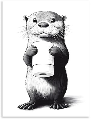 OWNANRTHM Otter Badezimmer-Leinwandkunst, lustige Tiere, Badezimmerbilder, Otter-Toilettenpapierdrucke, schwarz-weiße Tiere, WC-Poster für Toilette, Wandrahmen, 20,3 x 25,4 cm