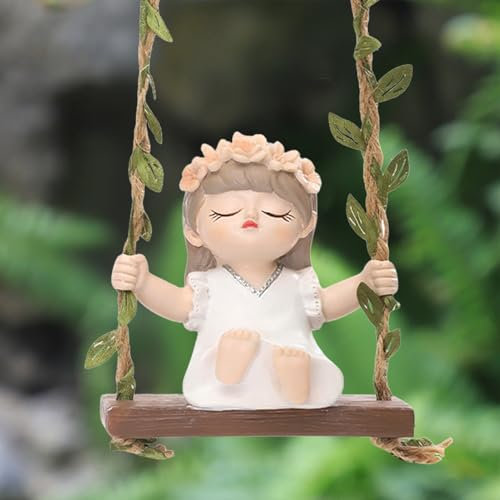 Schaukel Gartenfiguren, Frühlingsdeko Schaukelfeenfigur Aus Holz Und Harz, Gartenfiguren Für Draußen Wetterfest Hängende Garten Zubehör, Miniatur Figuren Für Gärten, Terrassen, Rasenflächen (Weiß)