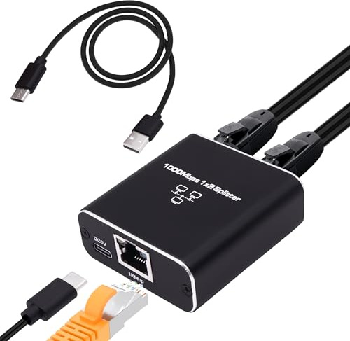 YARCHONN Ethernet Splitter 1 to 2 Gigabit RJ45 Ethernet Splitter 1000Mbps RJ45 Network Switch 8P8C LAN Internet Extender 1 in 2 out Adapeter with USB Cable for Computer Hub,Router
