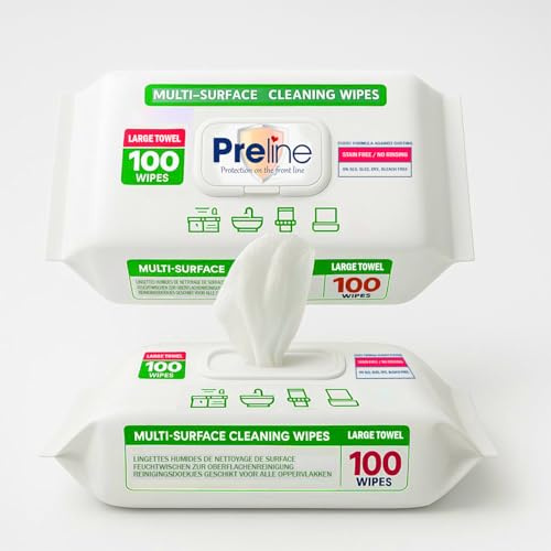 Preline Lot de 100 lingettes de nettoyage multi-surfaces, humides, extra épaisses et larges, parfum de savon blanc, sans SLS/SLES/eau de Javel, ménage, cuisine, salle de bain, toilettes