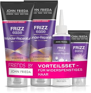 John Frieda Friends Set - Frizz Ease Wunder-Reparatur - Sofort-Reparatur für geschädigtes Haar - Shampoo, 250 ml, Conditioner, 250 ml, Silk Water, 200 ml, Zauberformel, 100 ml - Pflege & Finish