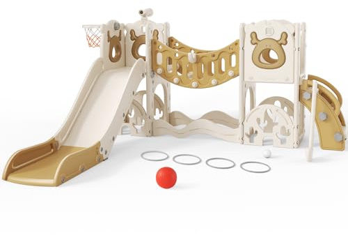 Brolteja Toddler Slide, Elk Theme Toddler Slide with Long Climbing Bridge Corridor,Golf Set, basketball Hoop, Climbing Frames, Baby Slide for Toddlers 1-3 Years Old, In&Outdoor Use (Khaki-7 in 1)