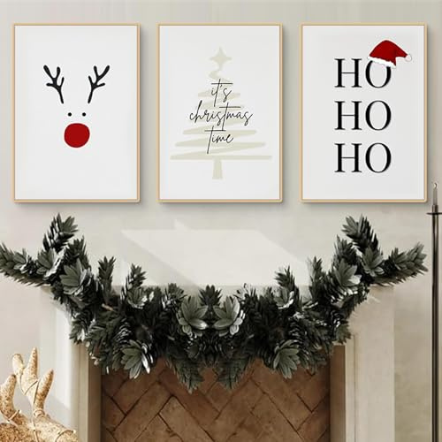 Herfair Bilder Wohnzimmer, Weihnachten Deko Poster, 3er Set Weihnachtsbaum Elch Wandbilder Leinwand, Weihnachtsbilder Weihnachtsposter, Ohne Rahmen (21 x 30 cm)