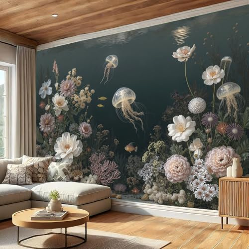 DLERFLOVR Victorian Style Wall Paper, 200x140cm Photo Wallpaper Underwater Garden Poster Picture Design Modern Wall Mural Decoration for Living Room Bedroom Office, Dark Green