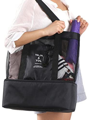 ZIXINNKC Netz-Umhängetasche, doppellagige Nylon-isolierte Strandtasche mit hoher Kapazität und Kühlschicht für den Außenbereich, Schwarz