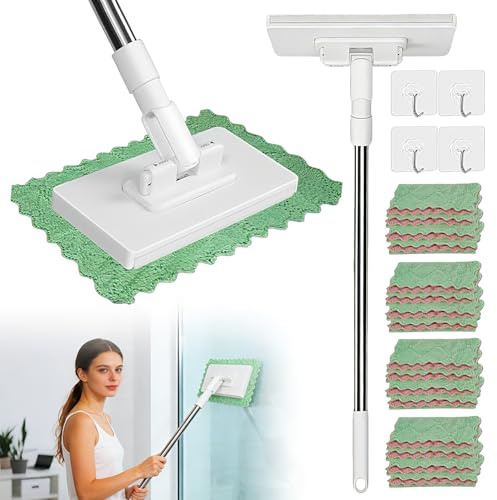 Mini fregona con Cambio automático de paños, Fregona con Sistema de sujeción a presión, con 20 Recambio paños y 4 Ganchos, Mopa Plana Manos Libres para Limpiar Suelos