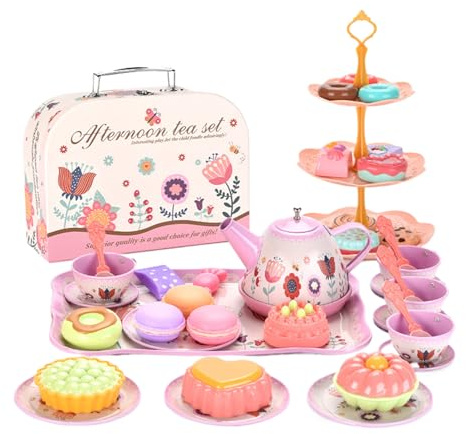 Tea Set for Little Girls: Tea Ware Made Of Metal, Creative Assortment Of Simulated Hosting, Compact Storage Suitcase Design, Interactive Experience Pack Pa