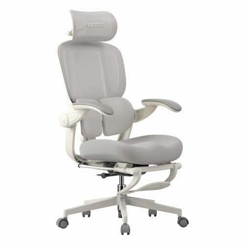 MUSSO E80 Air Petite Bürostuhl mit Bio-Wing-Lendenstütze, Grau | 3D-Bio-Wing-Lendenstütze, 4D-Kopfstütze, 90° Klapparme, Fußstütze, 135° Neigung, Mesh