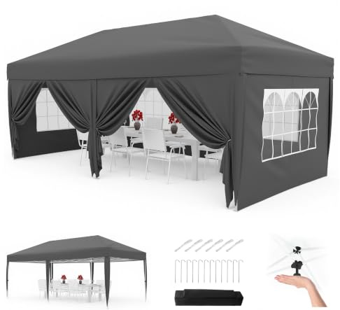 Faltpavillon 3x6 m, Wasserdicht Stabil Pavillon 3x6 m, Höhenverstellbar, mit Seitenwänden,Partyzelt Faltbar UV-Schutz 50+, Gartenpavillon für Terrasse, Events,Hochzeit,Grau