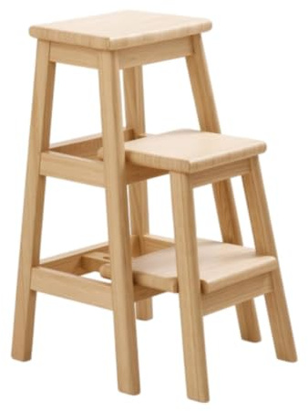 RoaQinFo Scomparsa in Legno Sgabello Scaletta, Legno Naturale, Scala A 3 Gradini Estensibile in Legno Massello