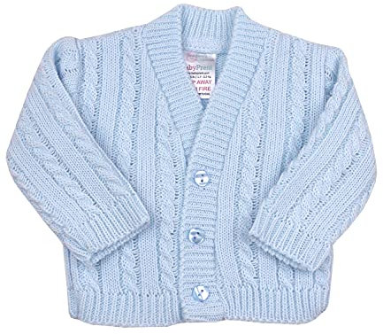 BabyPrem Cardigan per bambini prematuri, lavorato a maglia, in acrilico, con scollo a V, 3-3,6 kg, manica lunga, Blu, 44