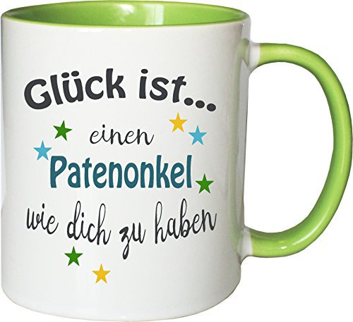 WarmherzIch Becher Tasse Glück ist… Patenonkel Kaffee Kaffeetasse liebevoll Bedruckt Freund Bruder Bro Geburt Weiß-Grün