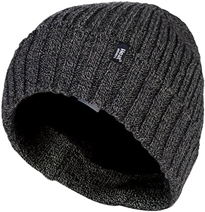 HEAT HOLDERS - Mens Ribbed Knit Fleece Lined Insulated Warm Turn Over Cuff Thermal Winter Beanie Hat (One Size, Grey (TOR))