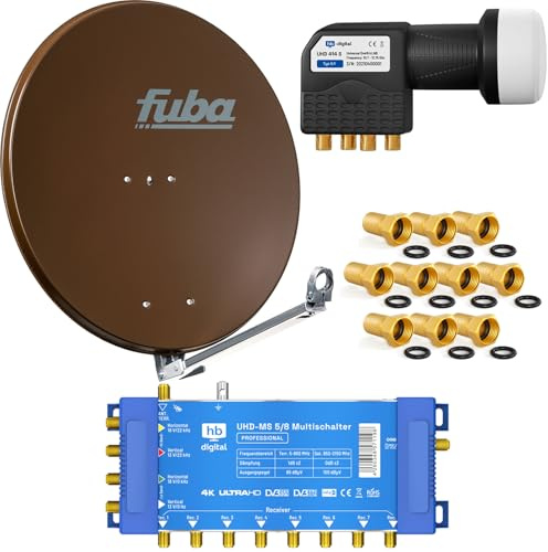 Profi-Sat-Anlage: Fuba 80cm Satellitenantenne DAL 800B braun Aluminium Reflektor + HB-DIGITAL 5/8 Multischalter (1 Satellit / 8 Teilnehmer Multiswitch) + UHD Quattro LNB + vergoldete F-Stecker