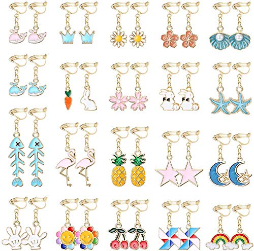 LOLIAS 20 Paare Ohrringe Set für Mädchen und Damen - Baumeln Ohrclips mit Blume, Stern, Mond - Hypoallergener Schmuck für Frauen, Teenager und Kinder