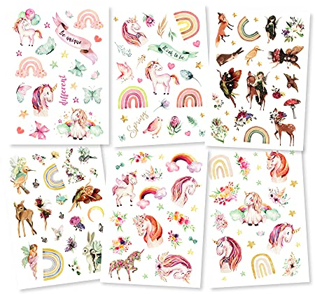 Pandawal® Tattoo für Kinder Tattoos 6er Set Mädchen Fee Regenbogen perfekt für Kindergeburtstag Party Mitgebsel Hautfreundliche Temporäre Kindertattoos