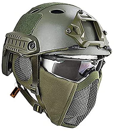 MH Taktik Fast Helm kombiniert, Mit Faltbarer Gehörschutz Halbgesichts Netz Maske und Goggles für Airsoft Paintball CS Game