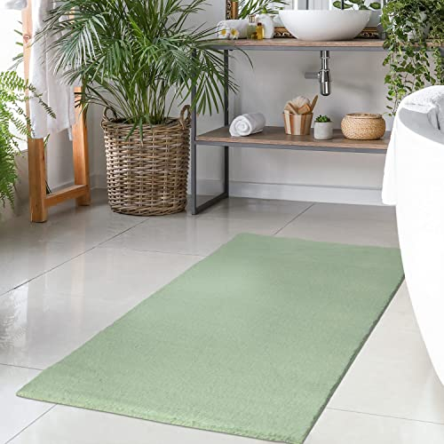 Badteppich Jade-Grün - 50x90 cm Einfarbig - Badematte rutschfest, waschbar, weich, saugfähig, schnelltrocknend - Badvorleger Hochflor Soft Touch Badezimmer