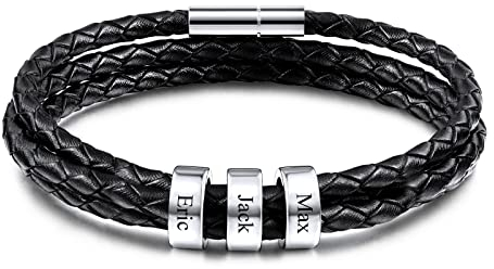 INBLUE Leder Armband Herren mit Gravur 2-6 Name ID Perlen Edelstahl Herren Schmuck Personalisierte Geschenke Frauen Freund Familie Vatertag Geburtstag