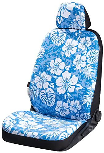 Walser Autositzbezug Tropical Hawaii, 1 Vordersitzbezug, Universal PKW-Einzelsitzbezug, Auto-Schonbezug Tropical-Design, Motiv Sitzbezug, Design Autositzschoner blau/weiß