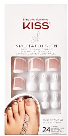 KISS Special Design Limited Edition Toenails Ready-to-Wear Gel - 'Carpool Lane' French Tips Style for Toes with Prep Pad, Mini File, Cuticle Stick, & 24 Fake Toe Nails